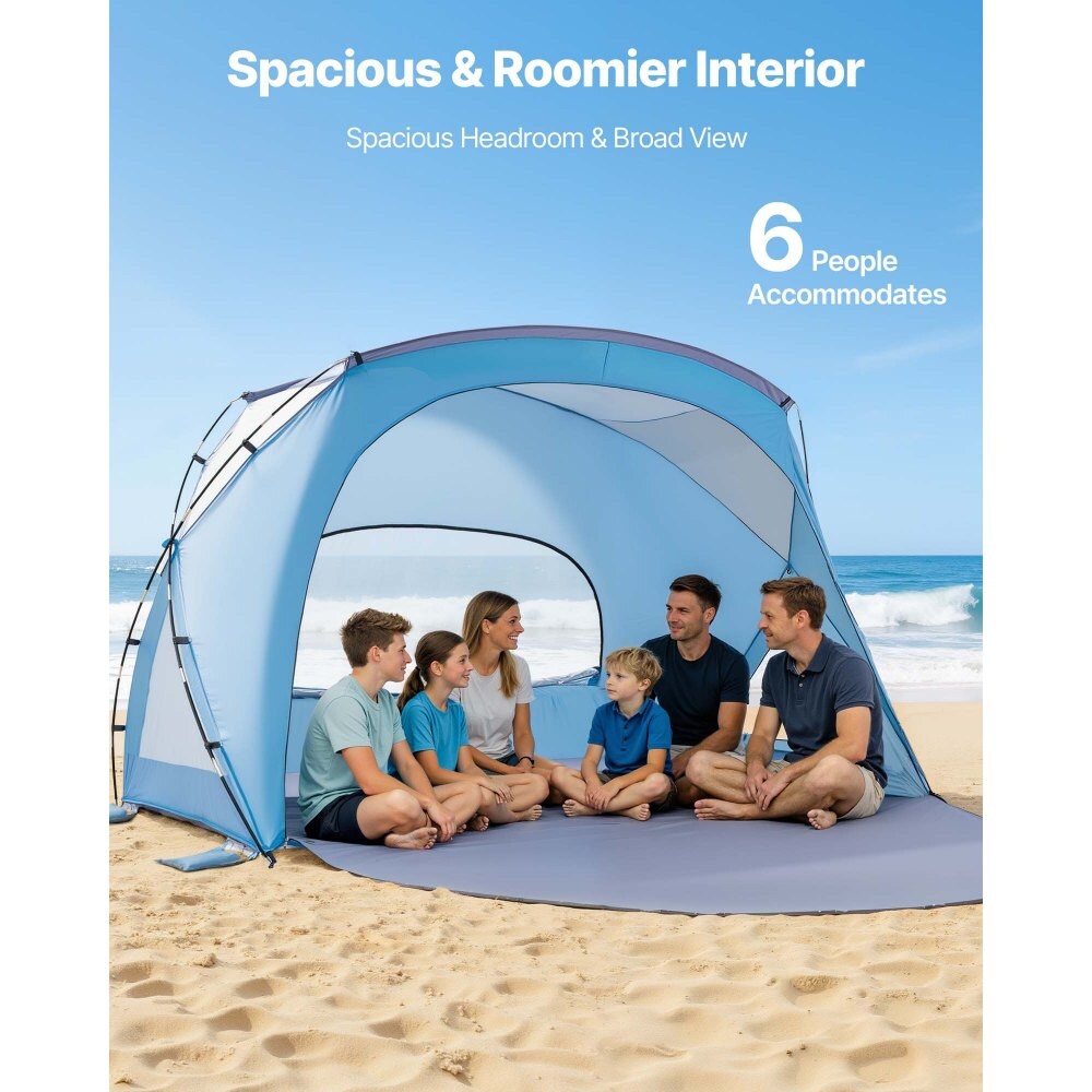 Blue Lightweight 6-Person Beach Tent with UPF 50+, Sand Pockets, Easy Setup