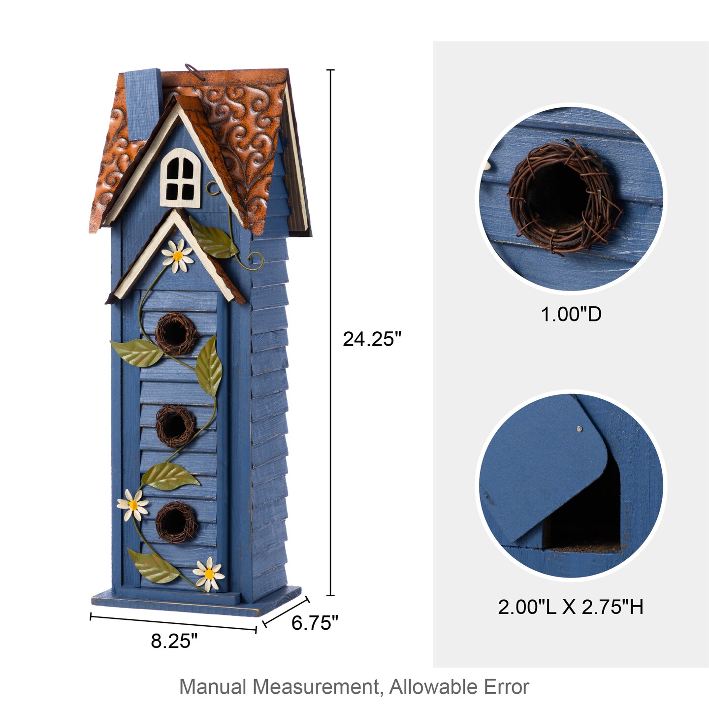 Set of 2 24.25"H Oversized Washed Blue 3-Tiered Solid Wood Villa Decorative Outdoor Garden Birdhouse