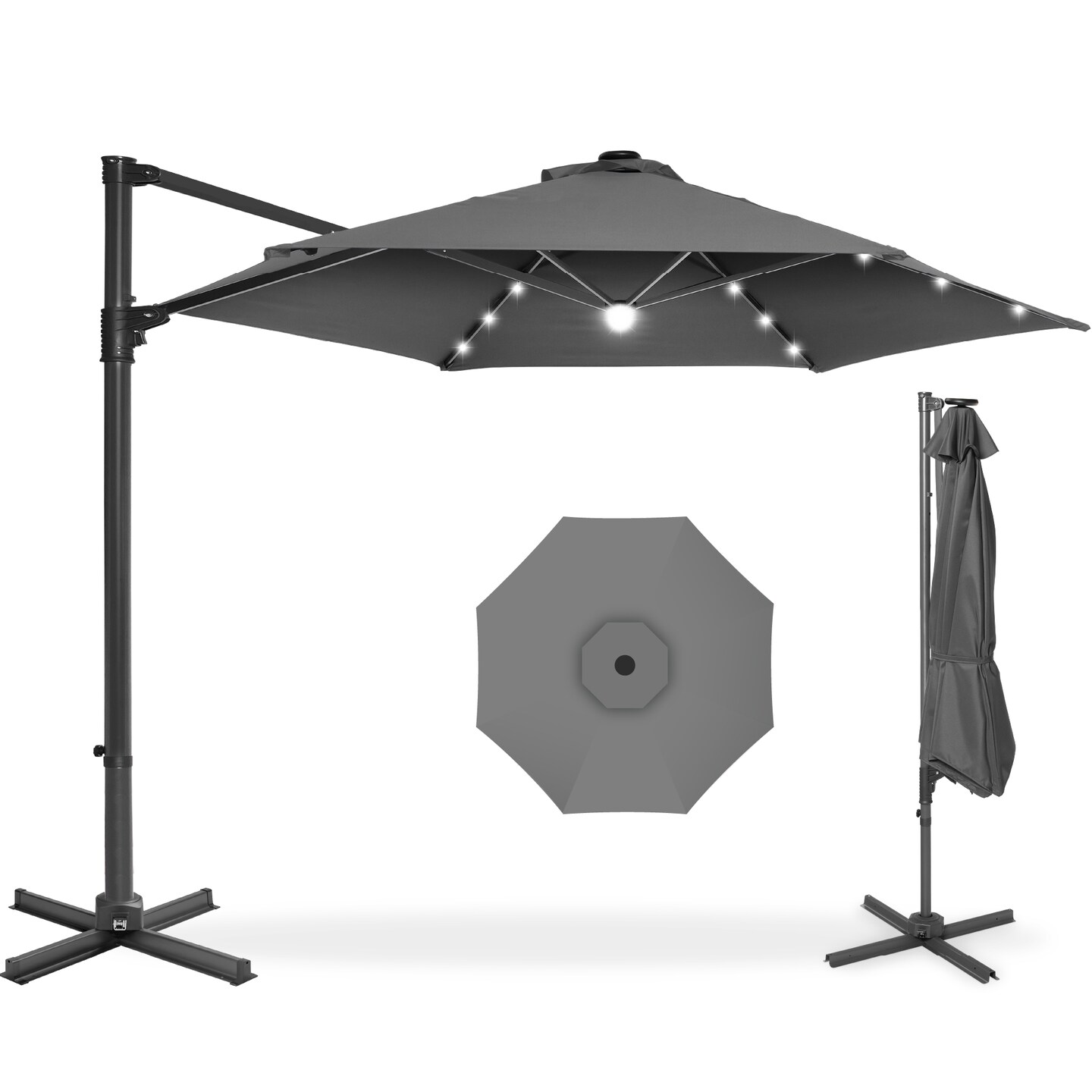 Best Choice Products 10ft 360° Rotating Cantilever Easy Auto Open Patio Umbrella w/ Solar LED Lights