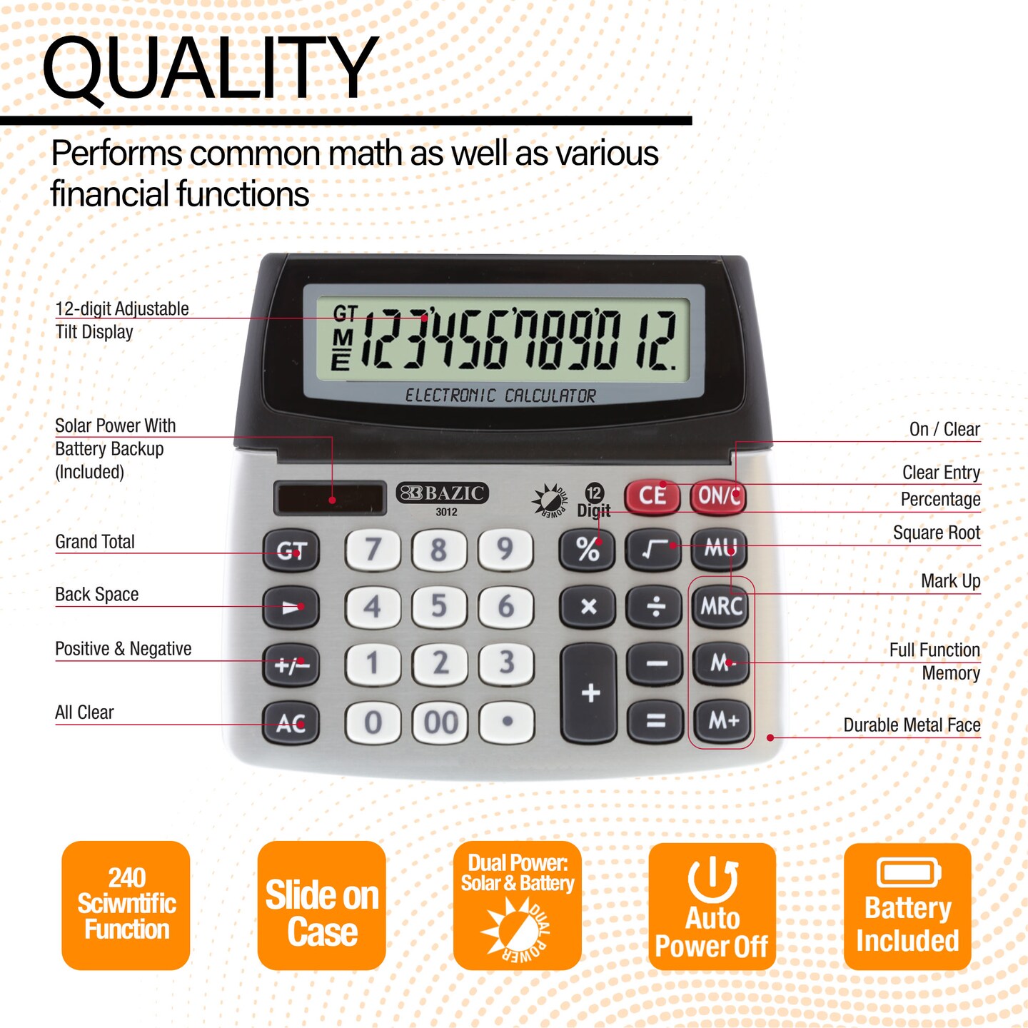 BAZIC Desktop Calculator 12-Digit Dual Power w/ Adjustable Display