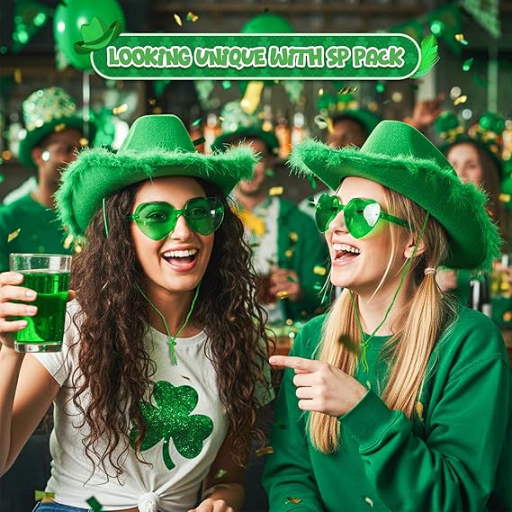 4E’s Novelty Green Cowboy Hat with Feathers & Heart-Shaped Sunglasses - Perfect Cowboy Outfit Accessory, Cowboy Hat for Party Costume Dress Up