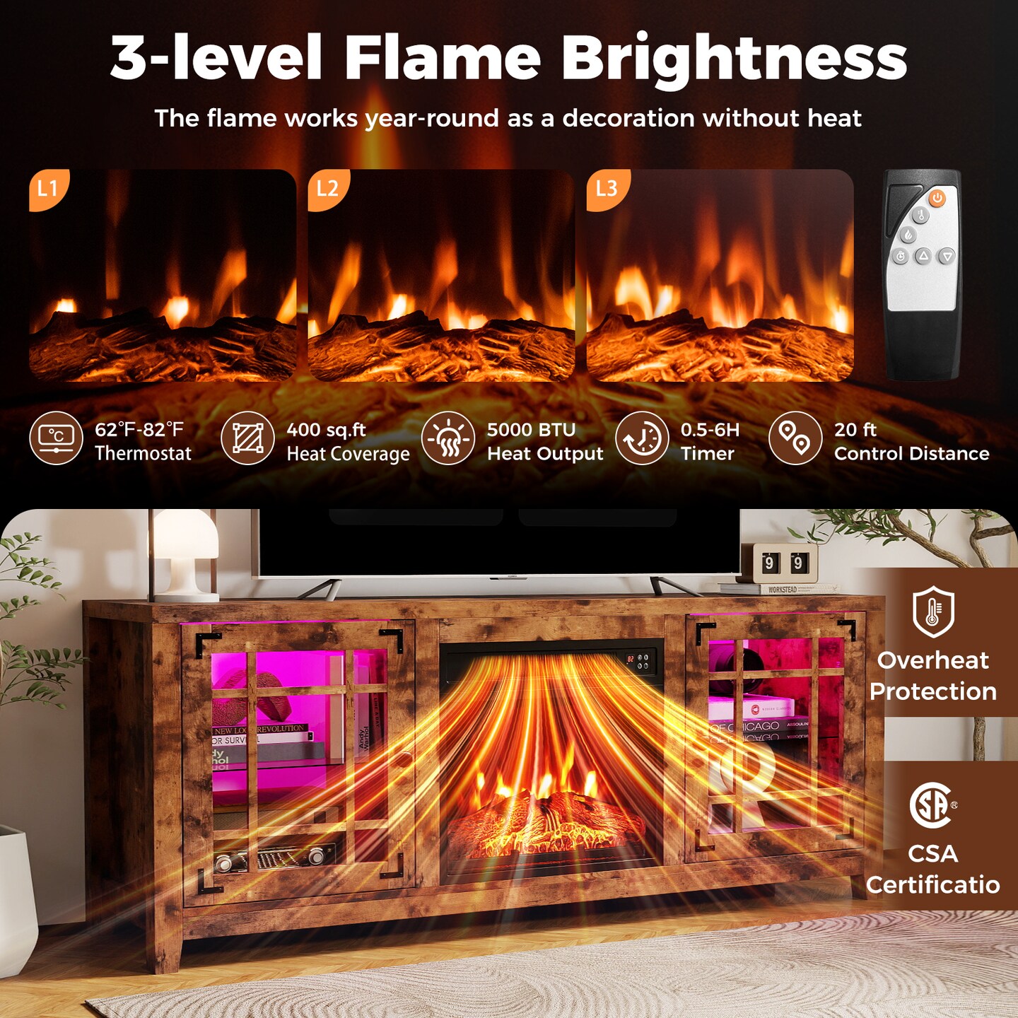 Brown 58" Fireplace TV Stand with LED Lights and 18" Electric Fireplace
