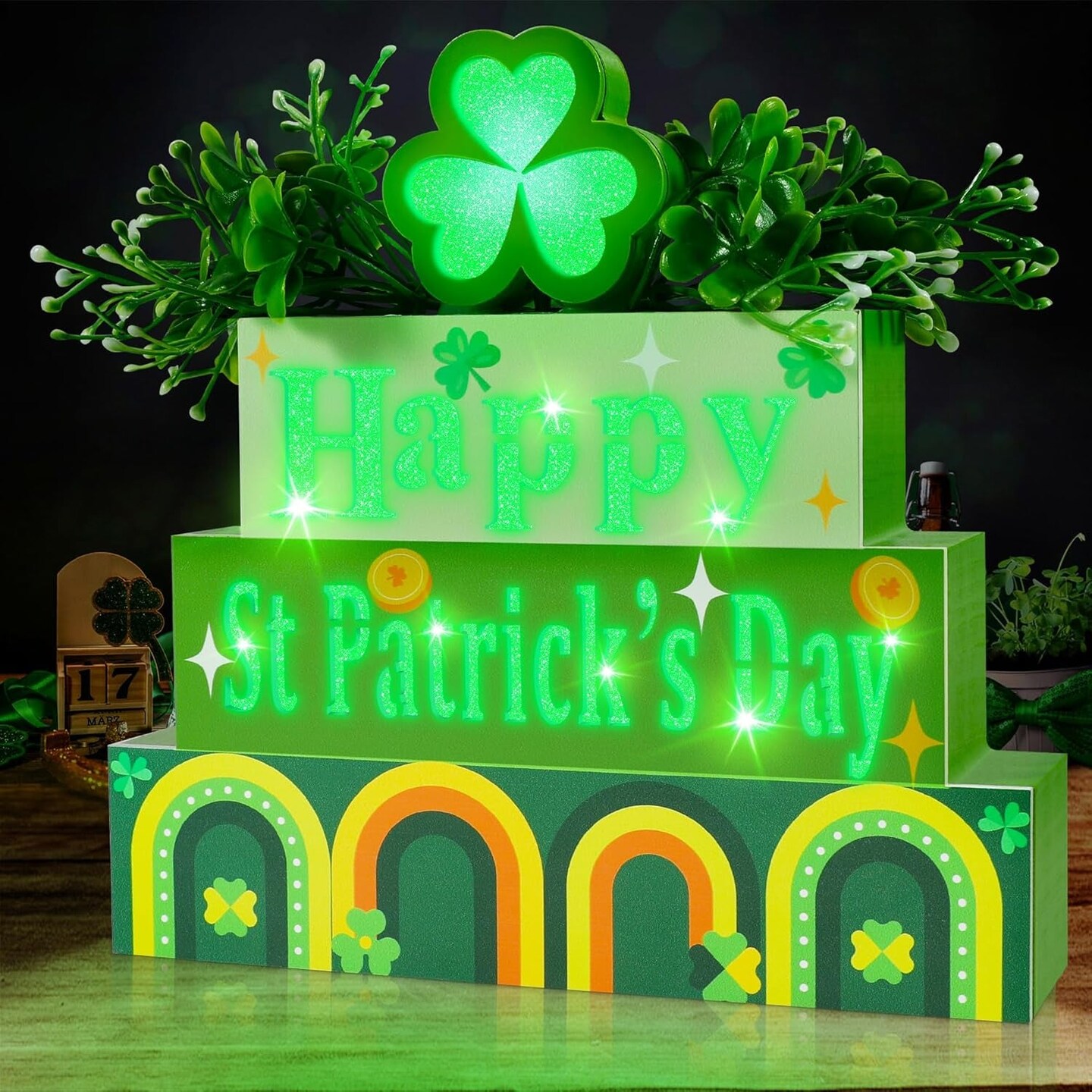 St. Patrick&#x27;S Day Decorations Indoor, Premium Wood Block Sign with Lighted 3D Letters, Timer, Battery Operated ST Patricks&#x27; Day D&#xE9;cor for Home Tabletop, Mantle, Shelf, Tiered Tray