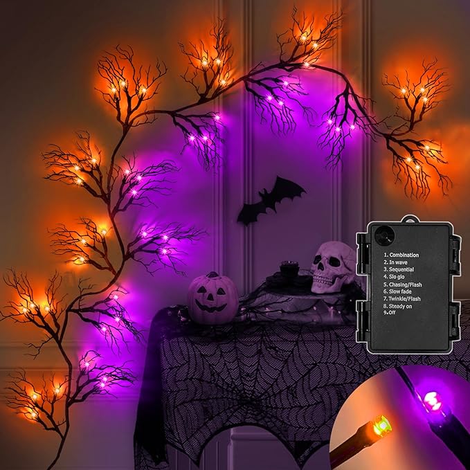 Willow Vine Twig Halloween Garland Decorations Orange &#x26; Purple Lights, Battery Operated Waterproof Halloween Decorations for Home Wall Fireplace Mantle Decor