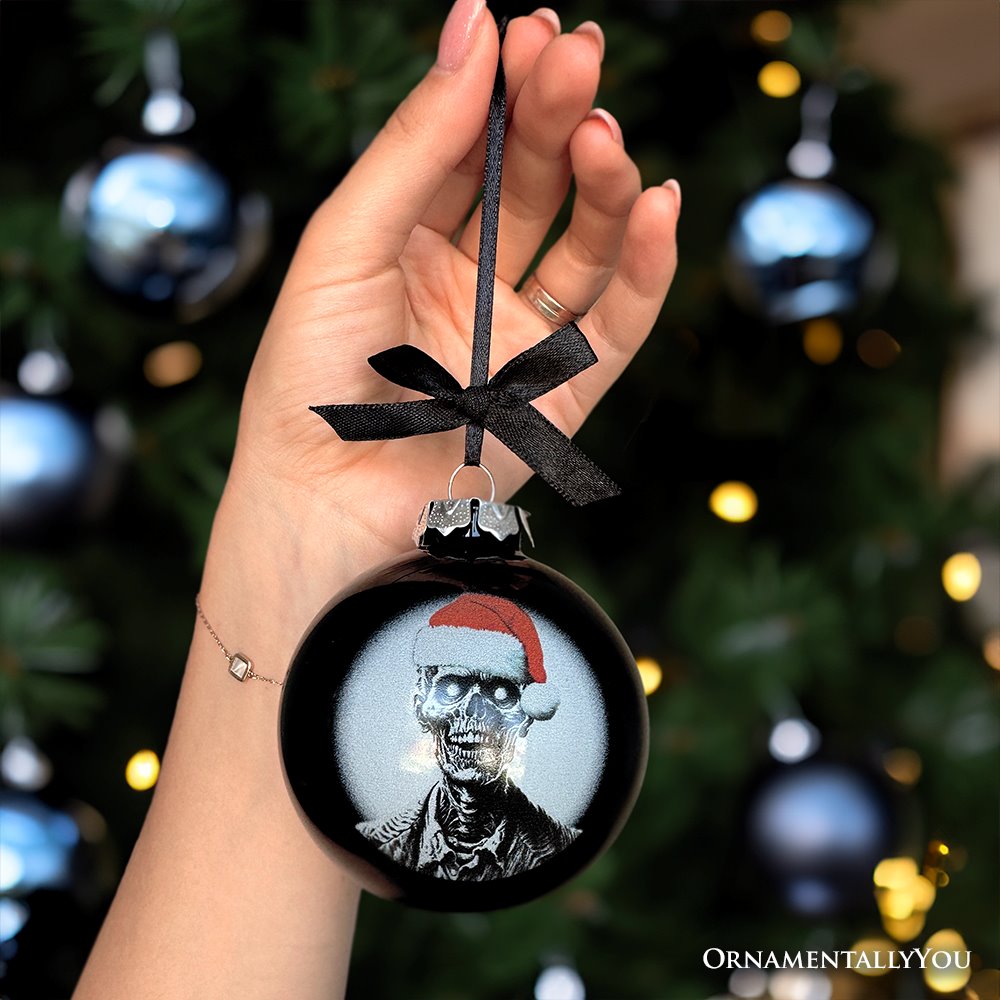 Zombie Christmas Spooky Portrait Glass Ornament, Black Horror Halloween Tree Decoration