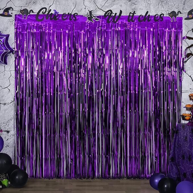 4 Pack Halloween Party Decorations,Black and Purple Tinsel Foil Fringe Curtains,Halloween Theme Photo Booth Prop Streamer Backdrop Decor Indoor Outdoor Party Supplies for Birthday Anniversary