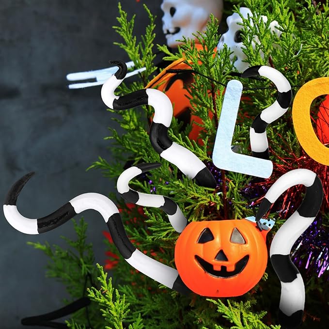 12 Pcs Halloween Sandworm Decoration Black and White Striped Plant Stakes Spooky Plant Decoration for Front Porch Plant Ornaments Decoration