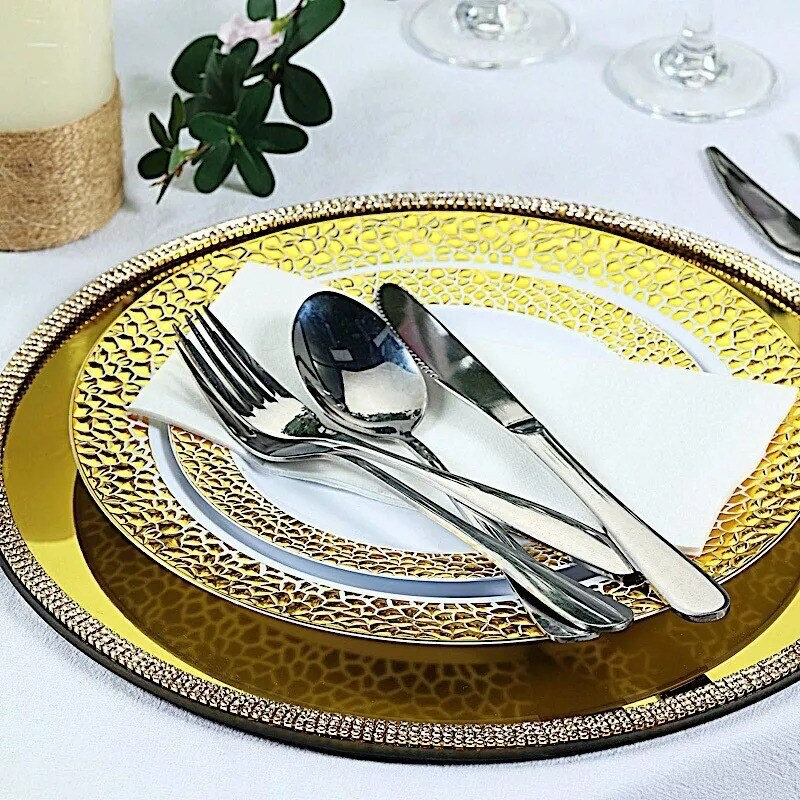 2 pcs 13&#x22; Round Mirror Glass Charger Plates with Rhinestone Rim Wedding Supplies