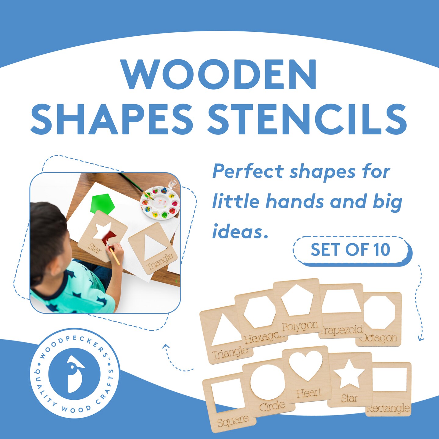 Set of 10 Eco-friendly Geometric Stencils for Painting & DIY Crafts |Woodpeckers