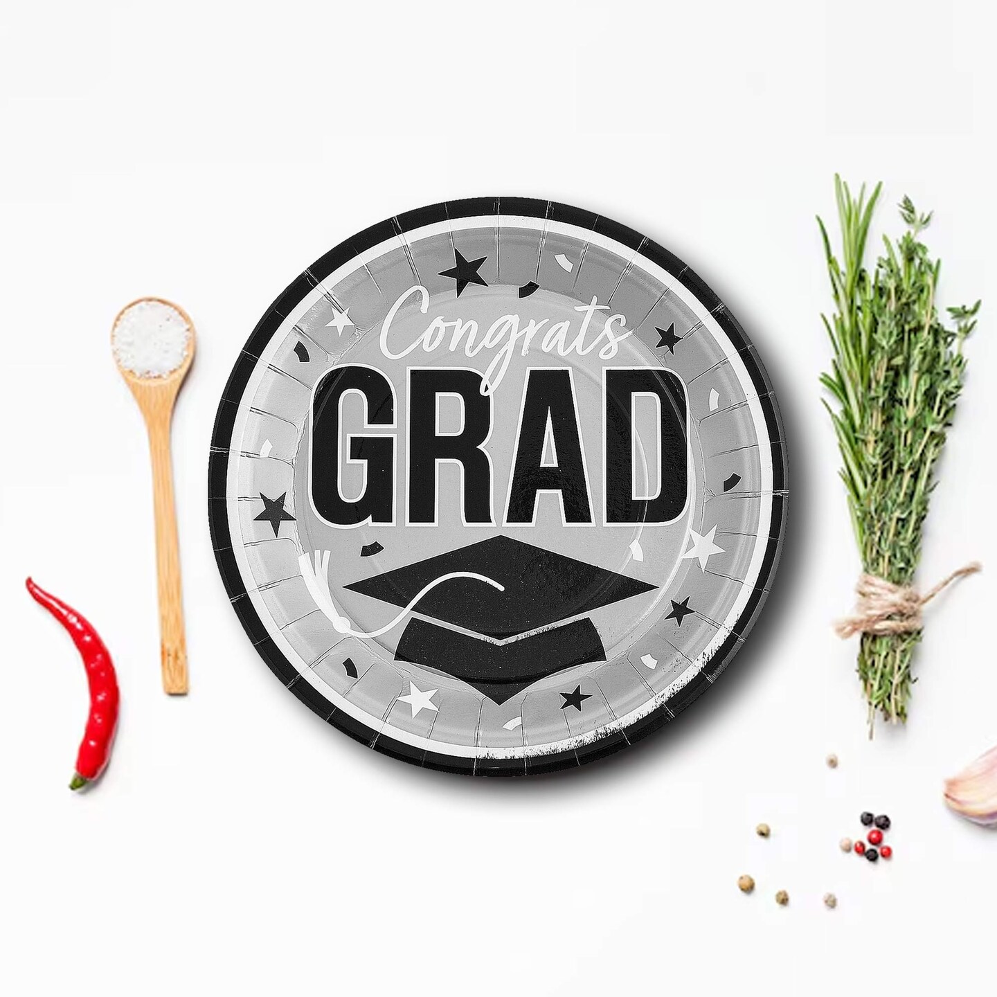 25 Count Silver Congrats Grad 9 Inch Round Plates for Elegant Graduation Party Decor
