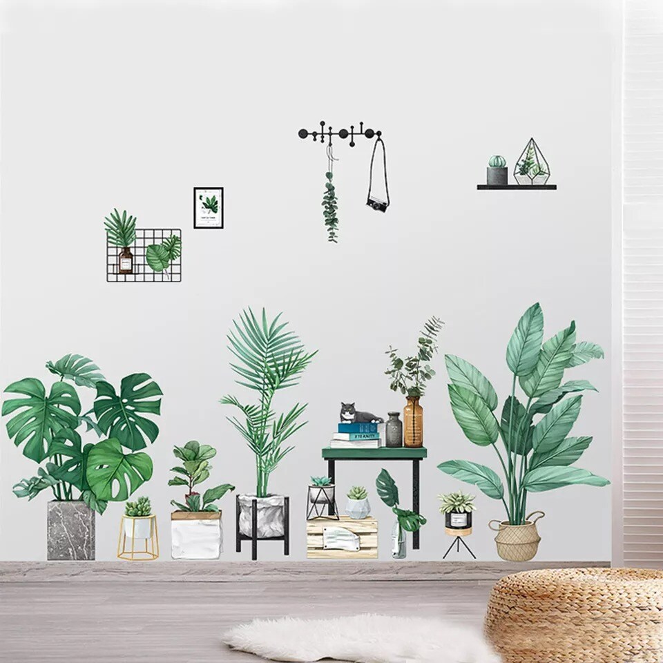 Green Wall Stickers Potted Plants Removable PVC Living Room Home Decorations