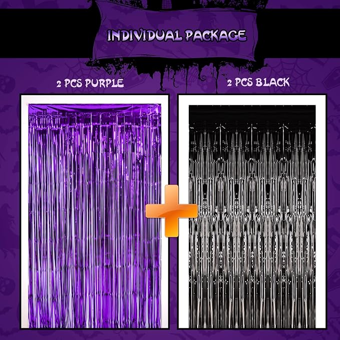 4 Pack Halloween Party Decorations,Black and Purple Tinsel Foil Fringe Curtains,Halloween Theme Photo Booth Prop Streamer Backdrop Decor Indoor Outdoor Party Supplies for Birthday Anniversary