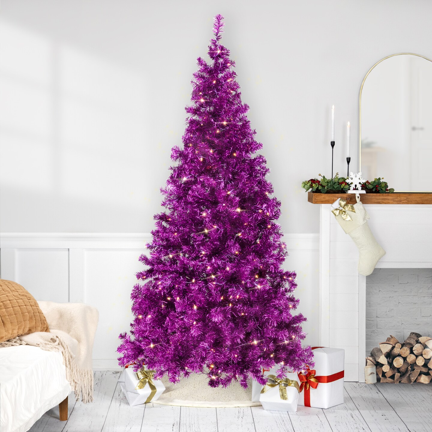 Northlight Pre-Lit Artificial Tinsel Christmas Tree - 9' - Purple - Clear Lights
