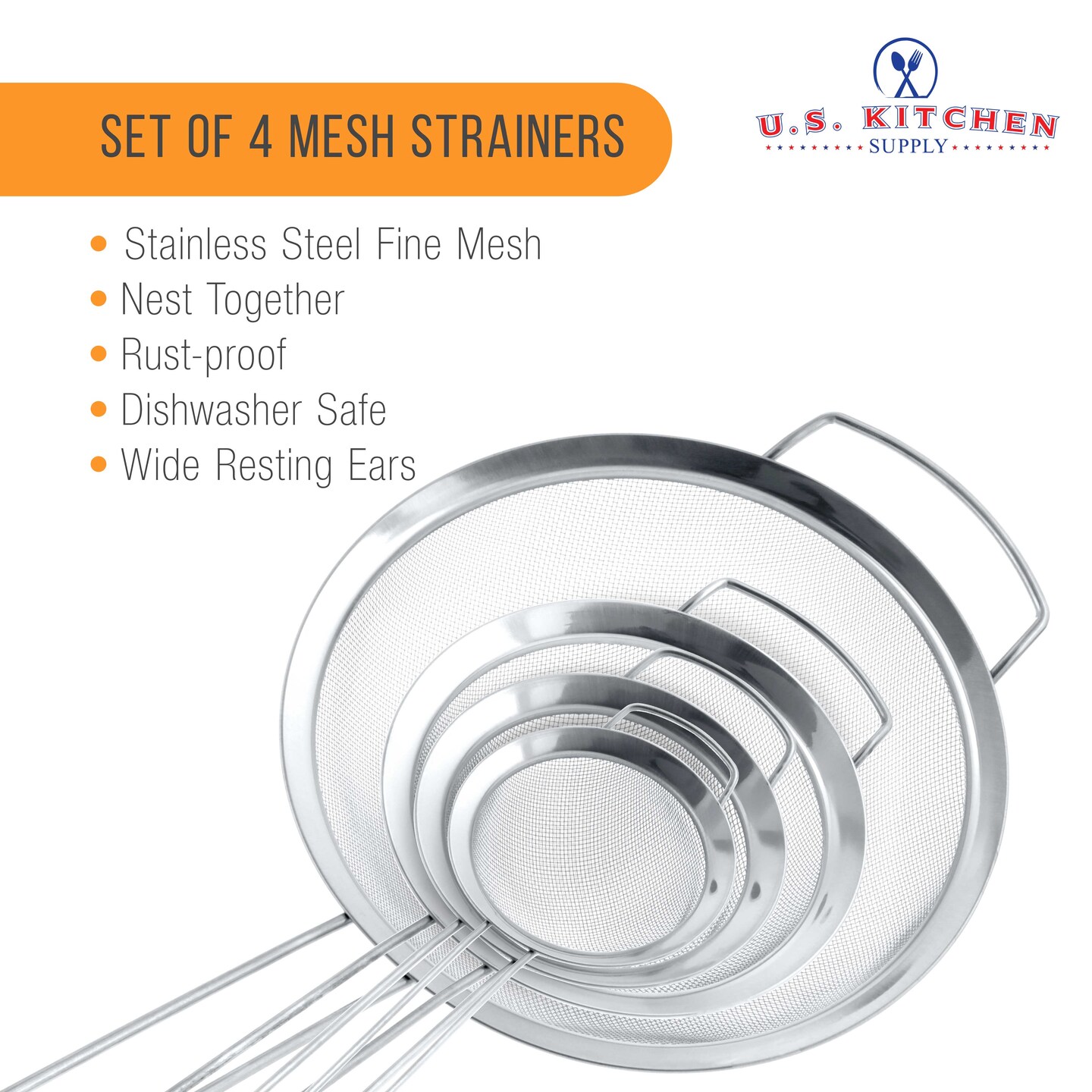 U.S. Kitchen Supply&#xAE; - Set of 4 Premium Quality Fine Mesh Stainless Steel Strainers with Wide Resting Ear Design - 3&#x22;, 4&#x22;, 5.5&#x22; and 8&#x22; Sizes
