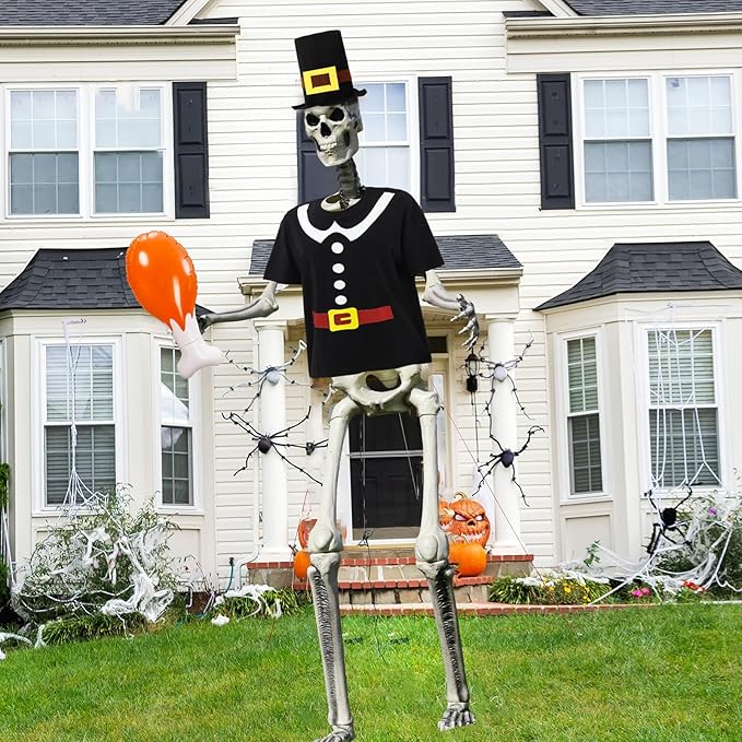 12 ft Giant Sized Skeleton Costume Set Extra Large Shirt and Hat Inflatable Turkey Leg for Garden Lawn Outdoor Decor (Skeleton Not Included) (Pligrim)