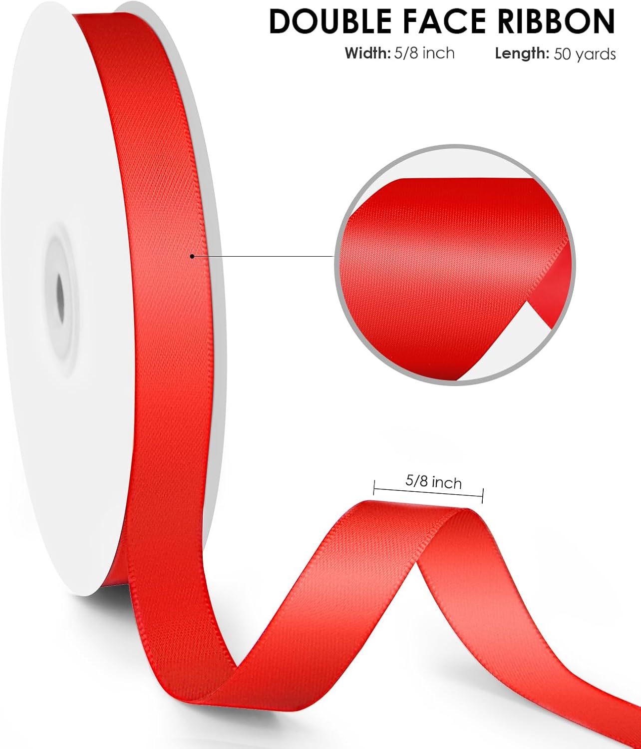Double Faced Red Satin Ribbon, 5/8&#x22; x 50 Yards, Polyester Fabric Ribbon Perfect for Gift Wrapping, Bows Bouquet, Birthday and Wedding Party, Floral, Baby Shower, Decorations