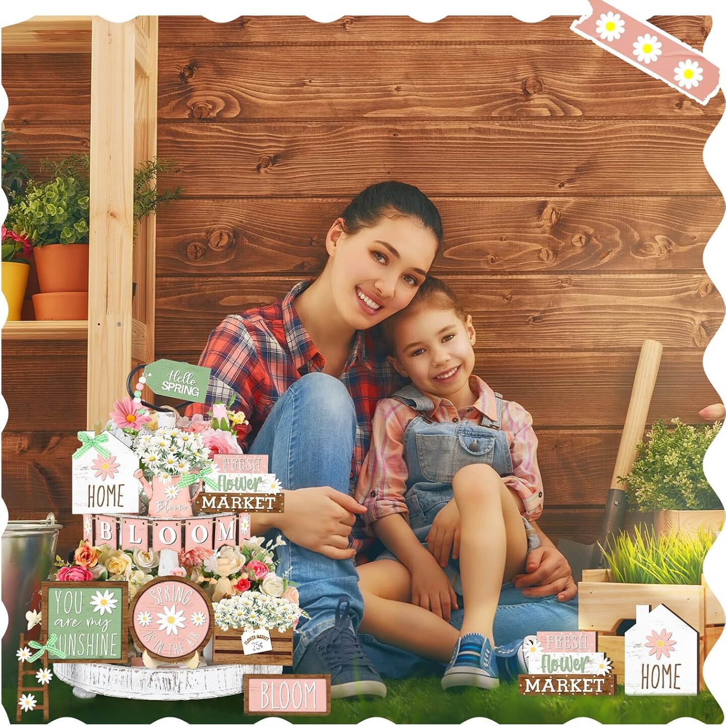 16-Piece Spring Daisy Tiered Tray Decor Set – Farmhouse Wooden Flower Signs, Rustic Floral Table Centerpieces for Home, Kitchen, Shelf, and Tabletop