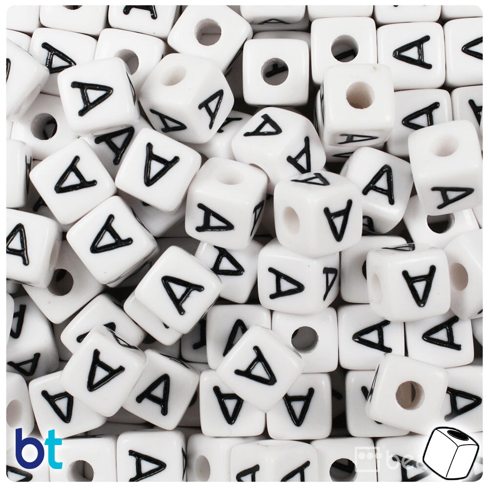 BeadTin White Opaque 10mm Cube Plastic Alpha Beads - Black Letter A (20pcs)