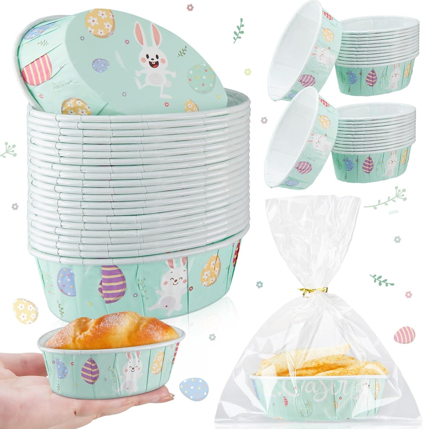 25 Pcs Easter Bunny Paper Loaf Pans 3 x 2 x 1.1&#x27;&#x27; Mini Loaf Pan Liners with Clear Plastic Bags and Ties Easter Baking Cake Pans Disposable Oval Cake Cups Baking Mold for Baking Cupcake Bread