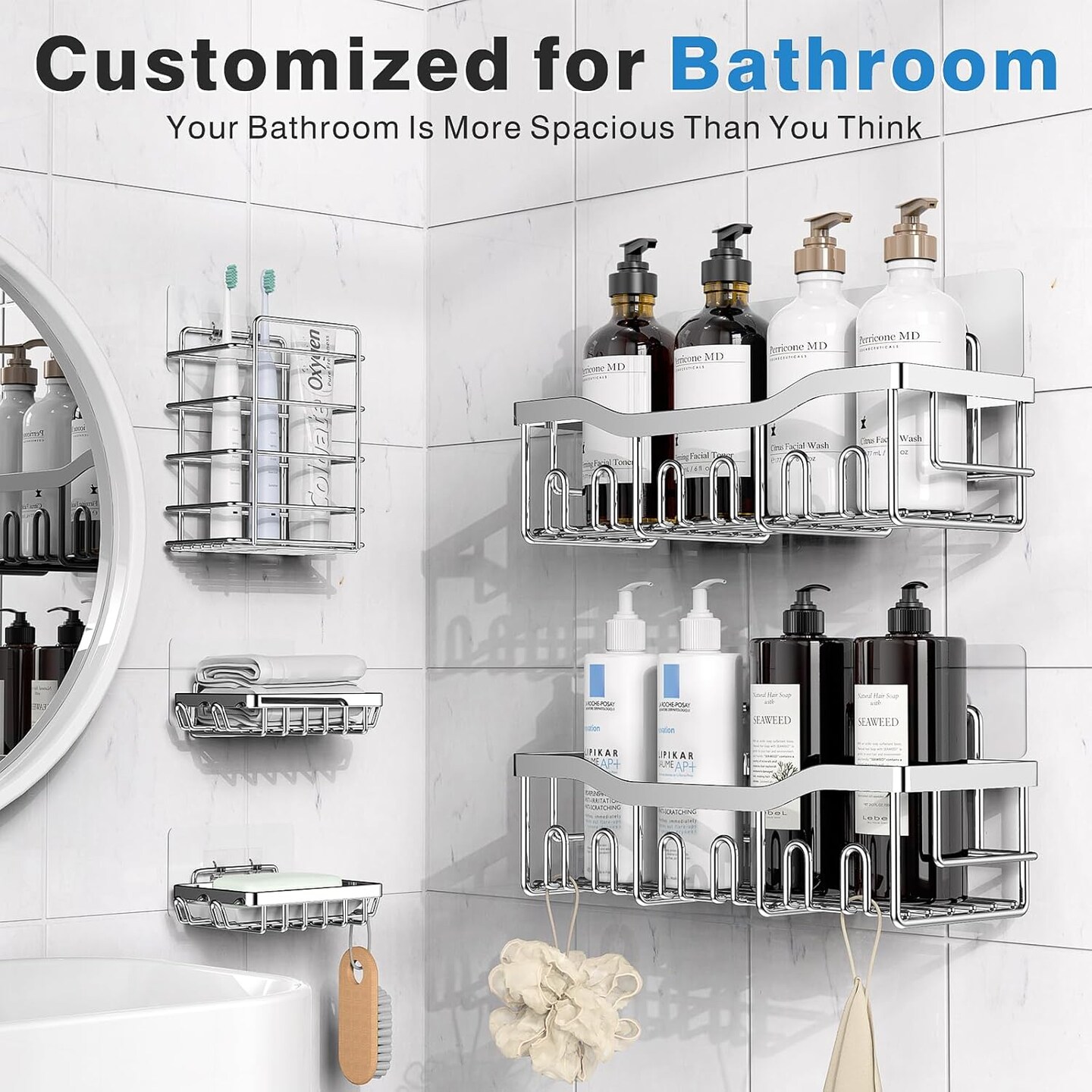 Shower Caddy 5 Pack,Adhesive Shower Organizer for Bathroom Storage&#x26;Home Decor&#x26;Kitchen,No Drilling,Large Capacity,Rustproof Stainless Steel Bathroom Organizer,Shower Shelves for Inside Shower-Larger
