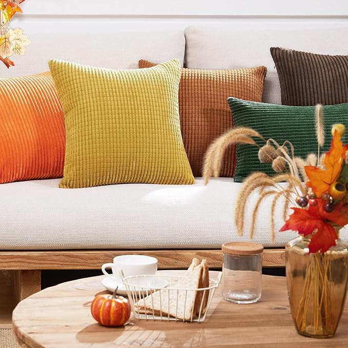 Corduroy Throw Pillow Covers, Soft & Decorative Cushion Covers, Machine Washable, Set of 2 for Sofa, Couch, Bedroom & Living Room, Orange, 22x22 Inch