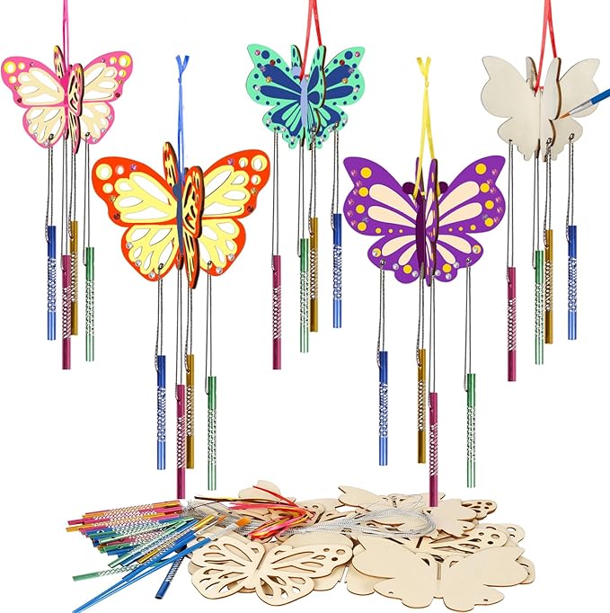 8-Pack 3D DIY Butterfly Wind Chime Kit for Kids – Wooden Arts & Crafts to Paint Your Own Butterfly, Perfect for Spring Art Activities and Mother’s Day Gifts