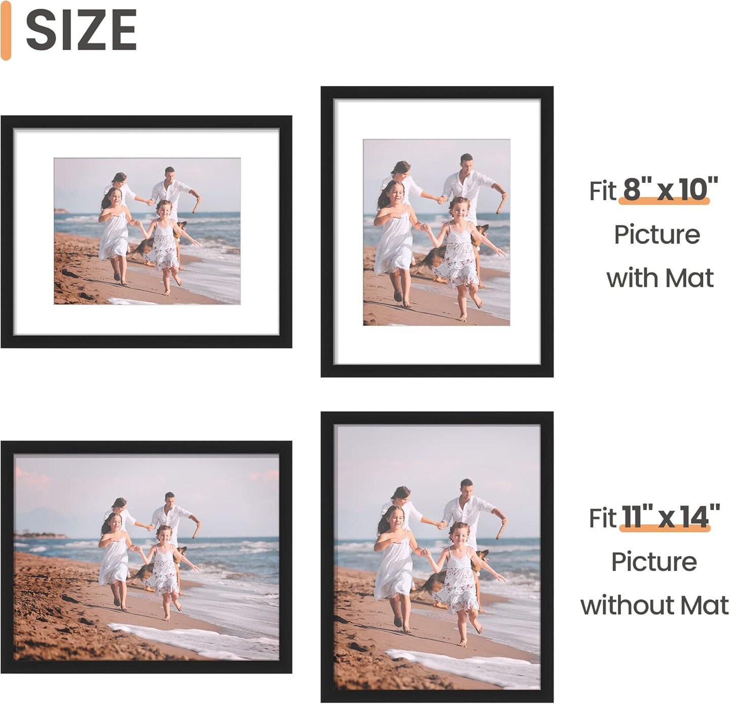11x14 Picture Frame Set of 5, Display Pictures 8x10 with Mat or 11x14 Without Mat, Wall Gallery Photo Frames, Black