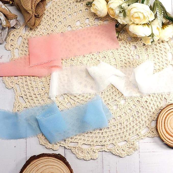 Frayed Chiffon Ribbon 2 inch x 8 Yards x 3 Rolls Light Blue White Pink for Christmas Home Decor Gift Wrapping DIY Crafts Wedding Invitation Bouquets