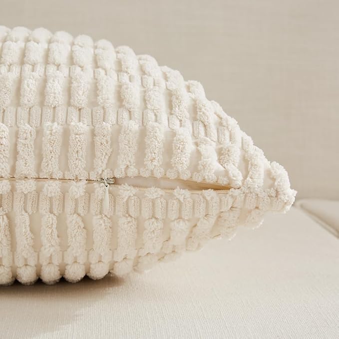4 Packs Neutral Decorative Throw Pillow Covers 18x18 Inch for Living Room Couch Bed Sofa, Rustic Farmhouse Boho Home Decor, Soft Plush Striped Corduroy Square Cushion Case 45x45 cm