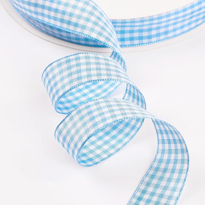 Gingham Ribbon Checkered Ribbon 1-Inch Wide Taffeta Plaid Ribbon 25 Yard Long 100% Polyester Woven Edge (Light Blue, 1 Inch)