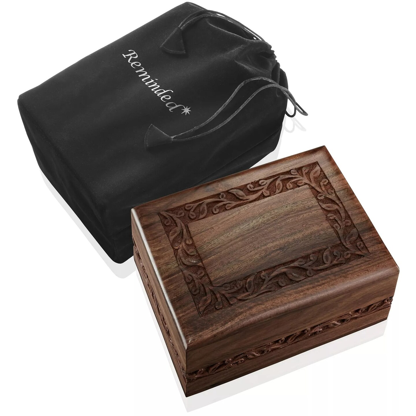 Rosewood Hand-Carved Wood Memorial Cremation Box with Velvet Bag - Medium