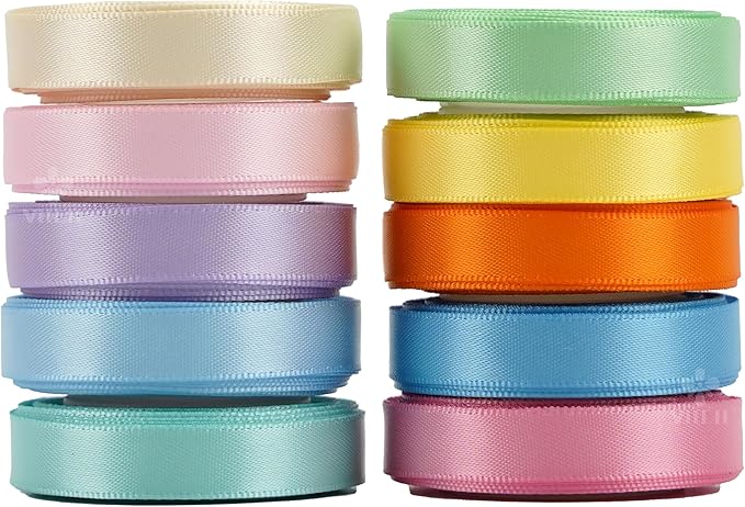 Pastel Rainbow Satin Ribbon Set – 3/8" x 50 Yards, Colorful Assorted Ribbons for Crafts, Gift Wrapping, Party Decorations, DIY Projects, and Handmade Hair Bows