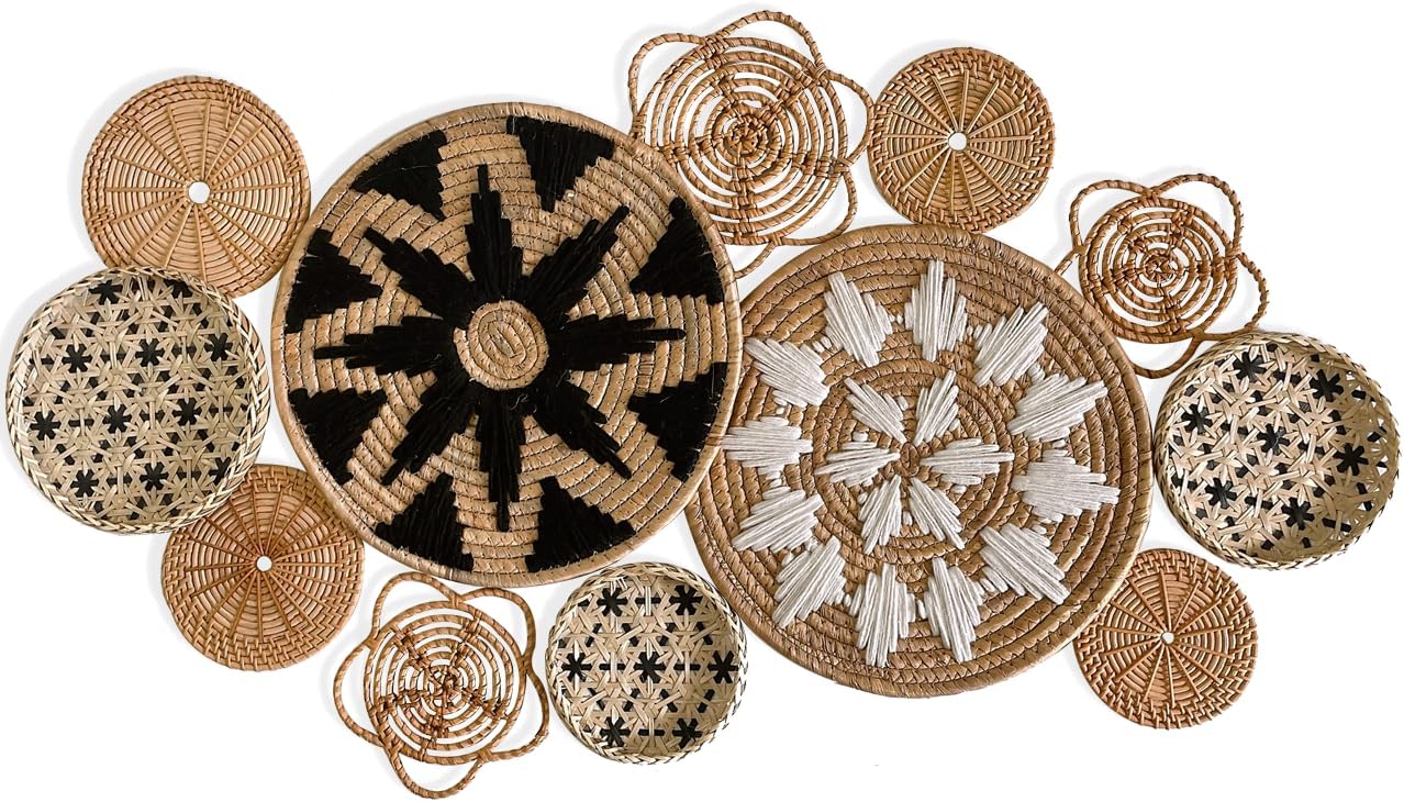 Set 12 of Flat Baskets for Wall Decor, Wall Basket Decor Set, Boho Rattan Wall Decor, Wall Basket Decorative, Wicker Wall Decor
