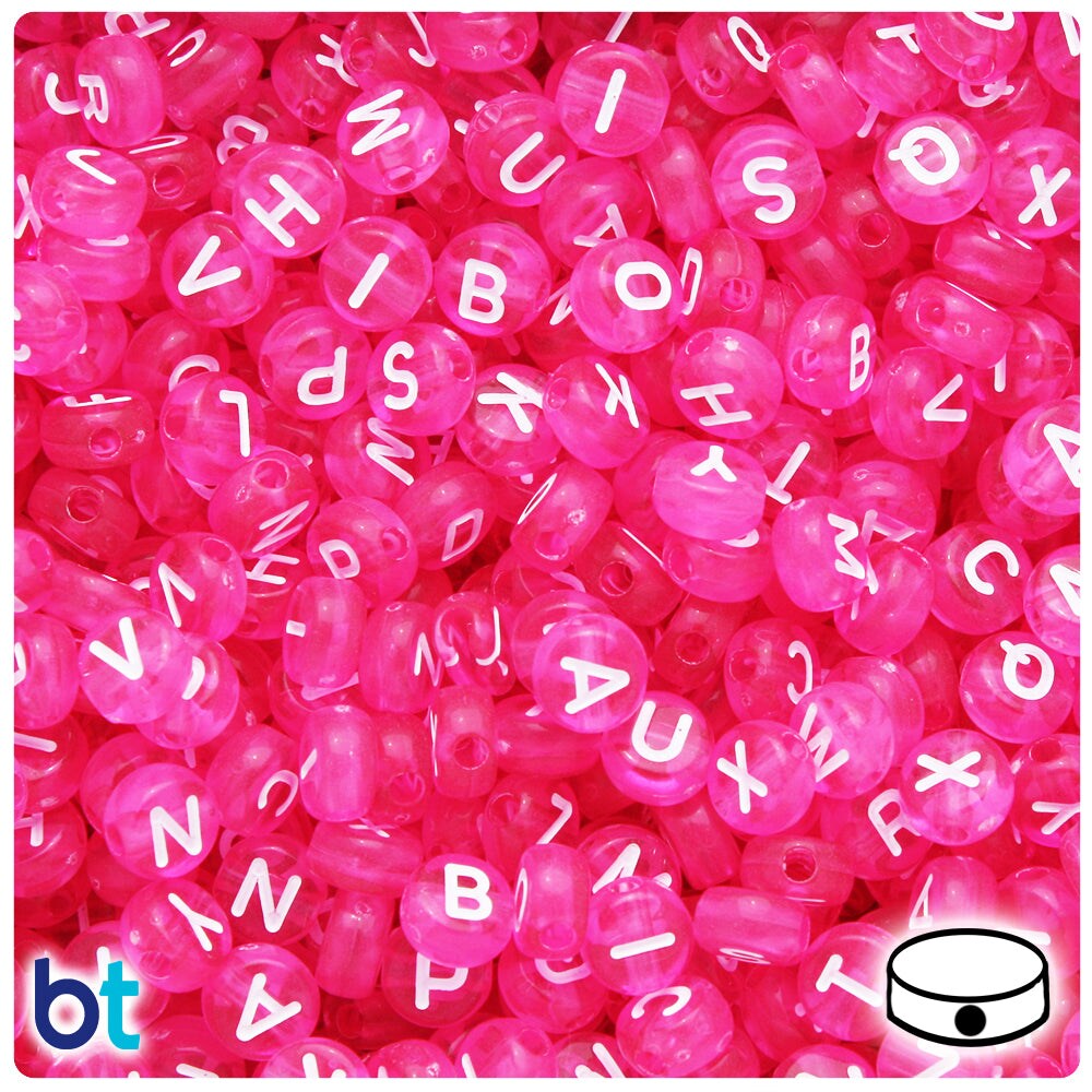 BeadTin Dark Pink Transparent 7mm Coin Plastic Alpha Beads - White Letter Mix (250pcs)