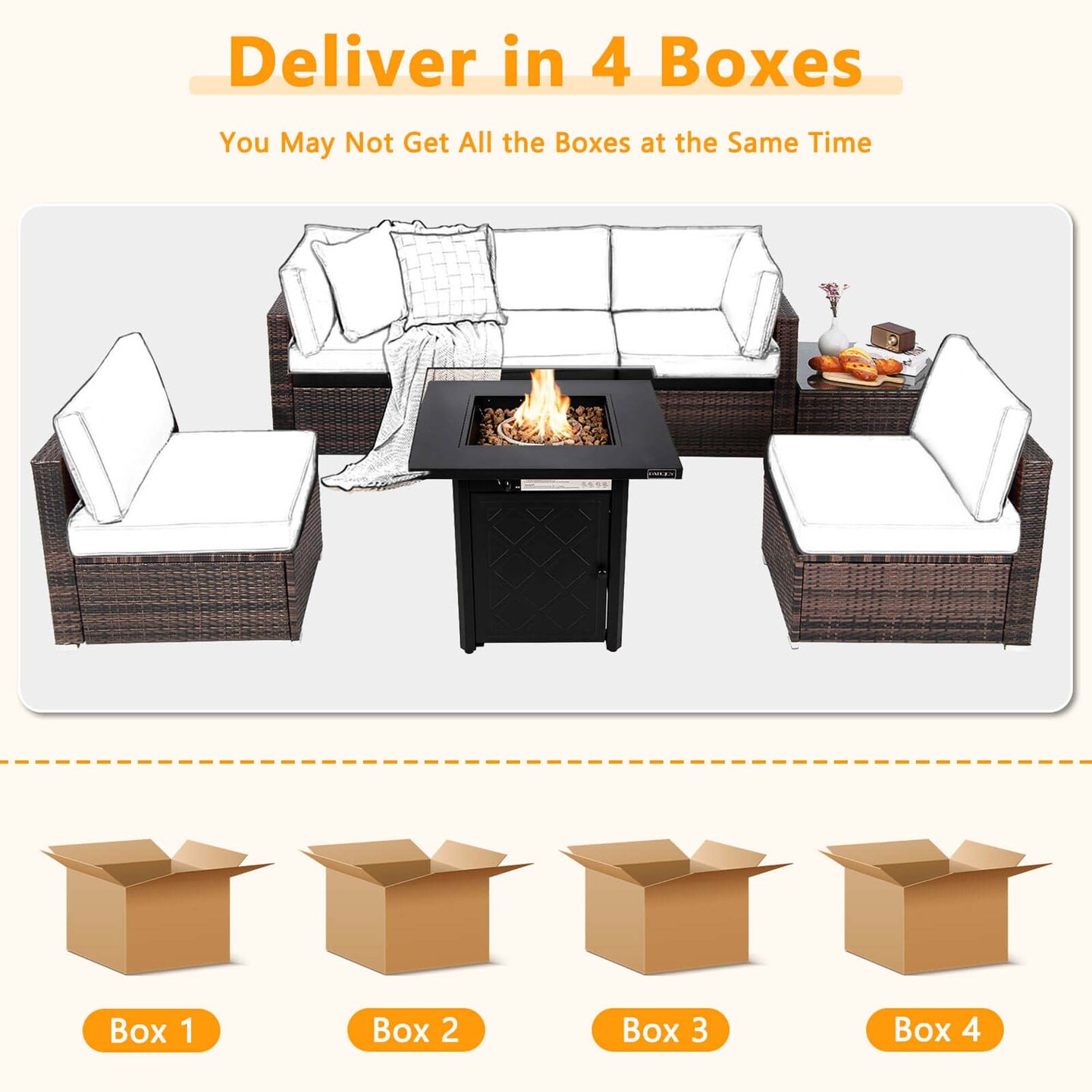 Costway 7 PCS Patio Furniture Set with 28" 50000 BTU Propane Gas Fire Pit Table Cushions Red/Turquoise/Off White