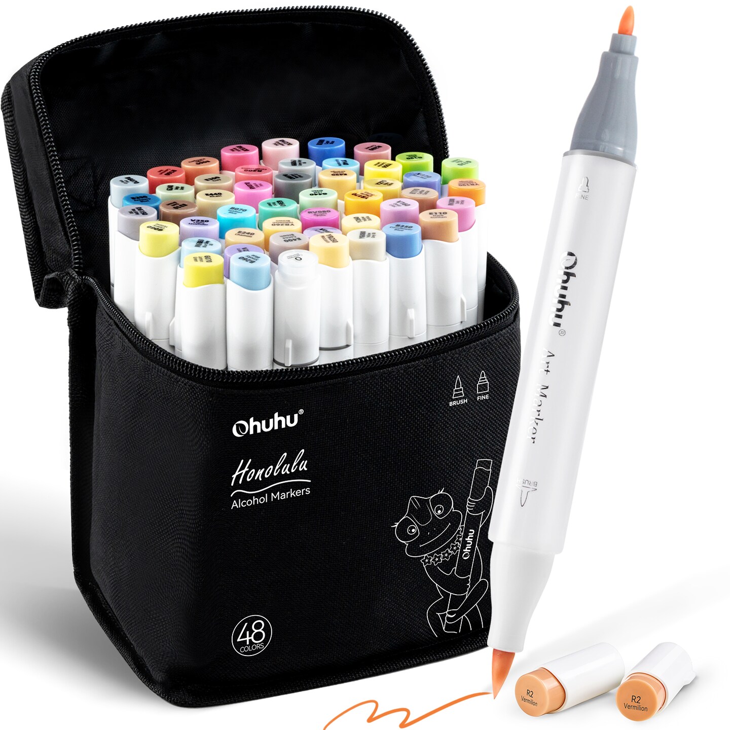 Ohuhu Alcohol Brush Markers 48 Mid-tone Colors- Double Tipped Alcohol Based Art Marker Set for Artists Adults Coloring Sketch Illustration- Brush &#x26; Chisel Dual Tips- Honolulu- Refillable