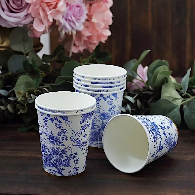 24 White 9 oz Blue Floral Design Disposable Paper Drinking CUPS Gold Rim Party