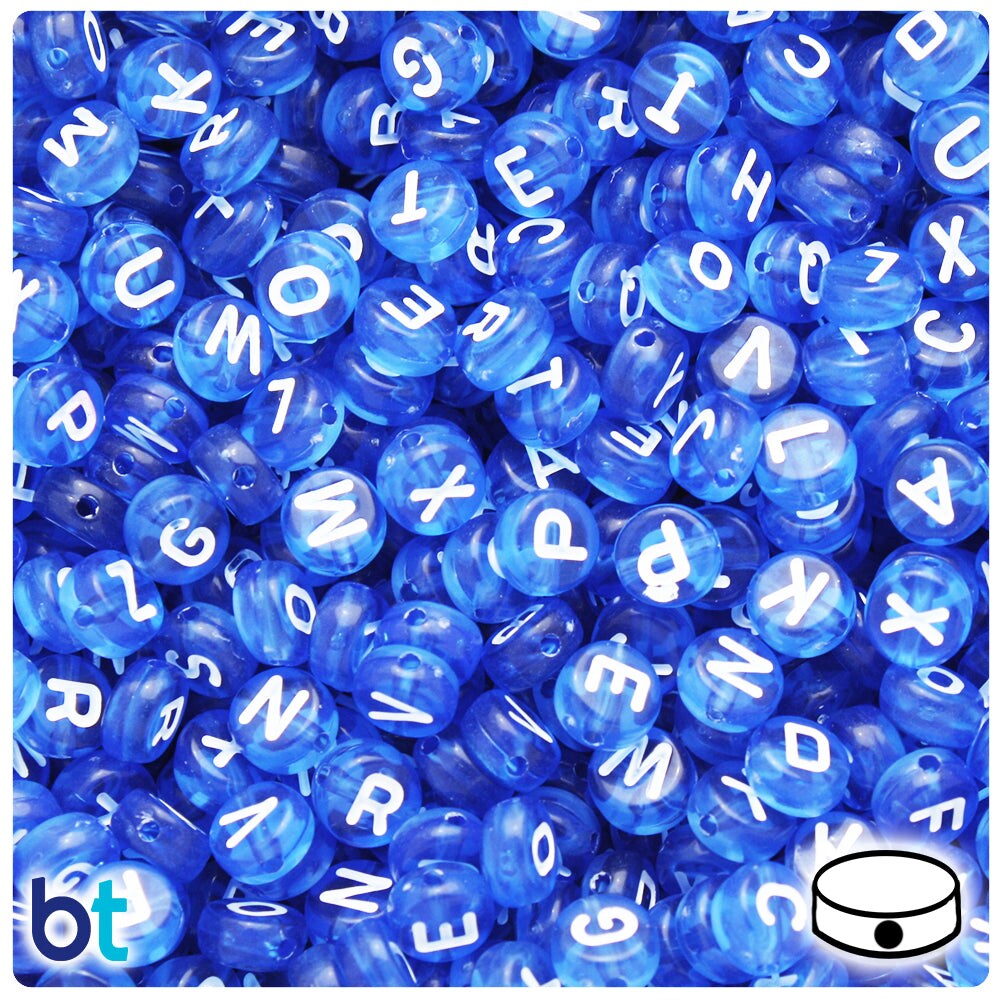 BeadTin Dark Blue Transparent 7mm Coin Plastic Alpha Beads - White Letter Mix (250pcs)