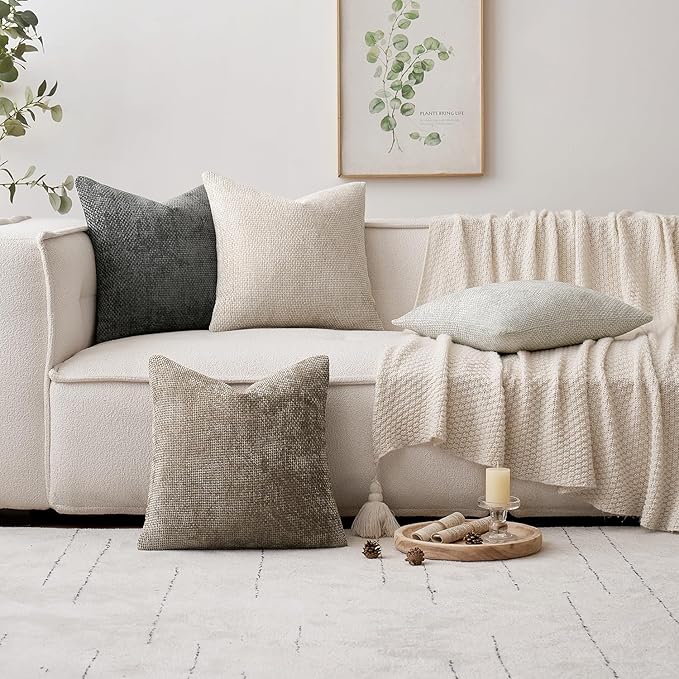 Pack of 2 Khaki Decorative Pillow Covers 18x18 Inch Soft Chenille Couch Throw Pillows Farmhouse Cushion Covers for Home Decor Sofa Bedroom Living Room