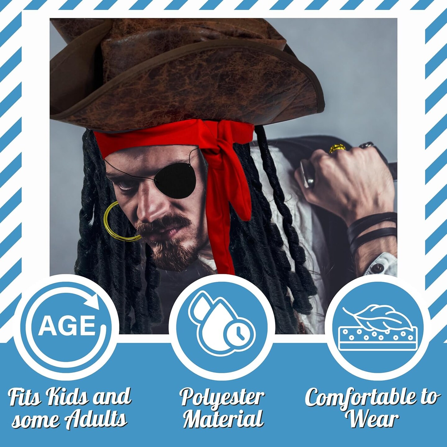 4E&#x27;s Novelty Eye Patch, Pirate Hat with Dreadlocks Hair &#x26; Red Bandana (3 Pcs Set) - Pirate Accessories for Costume, Cosplay &#x26; Birthday Party Decors