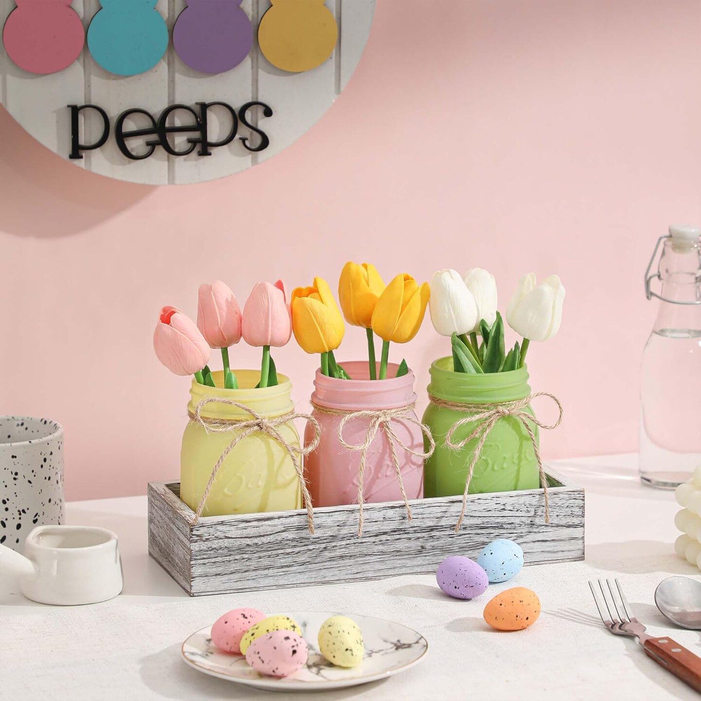 Spring Decorations, Spring Mason Jar Centerpiece for Table with Wood Tray & Artificial Tulips