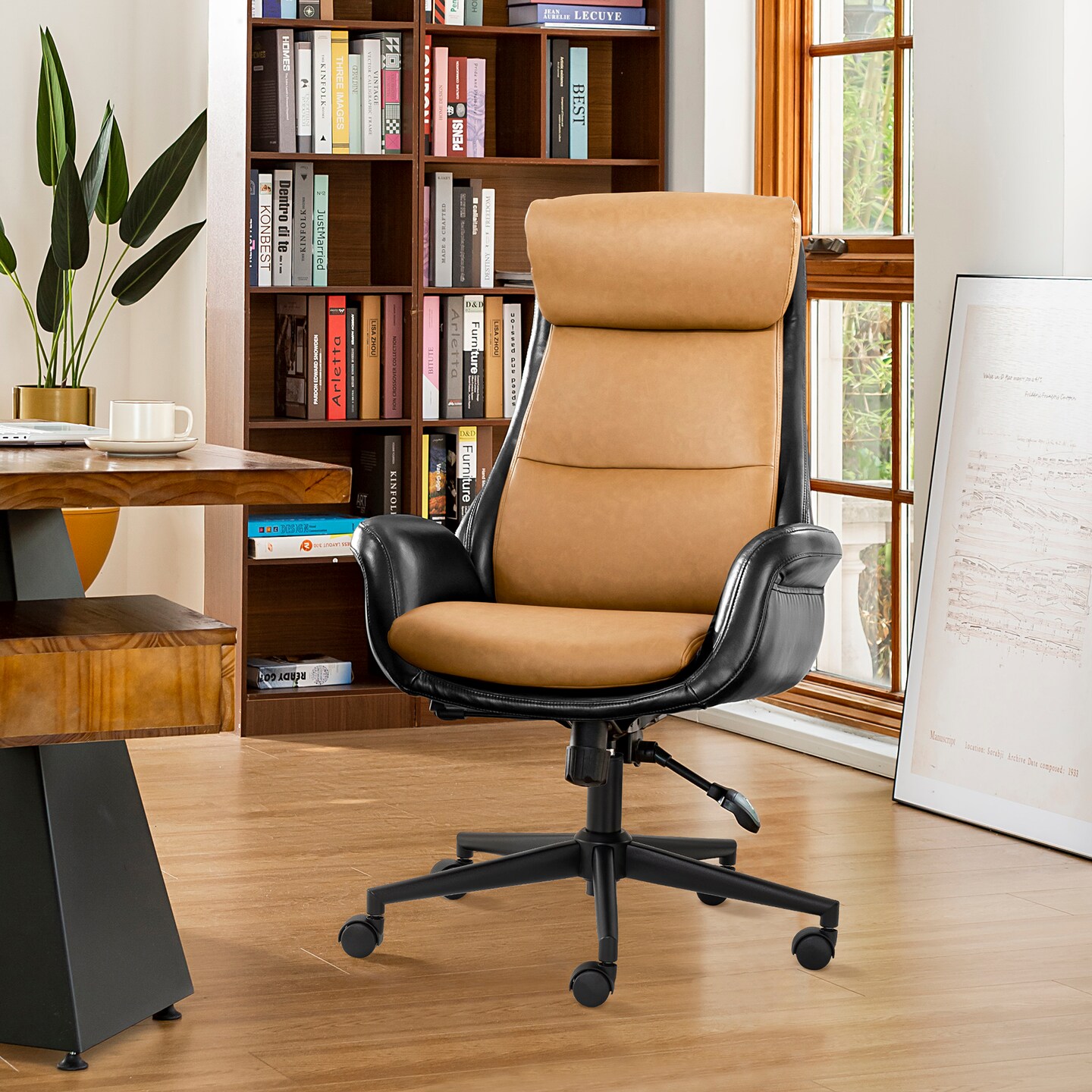 Mid-Century Modern Two-tone color Leatherette Adjustable Swivel High Back Office Chairs