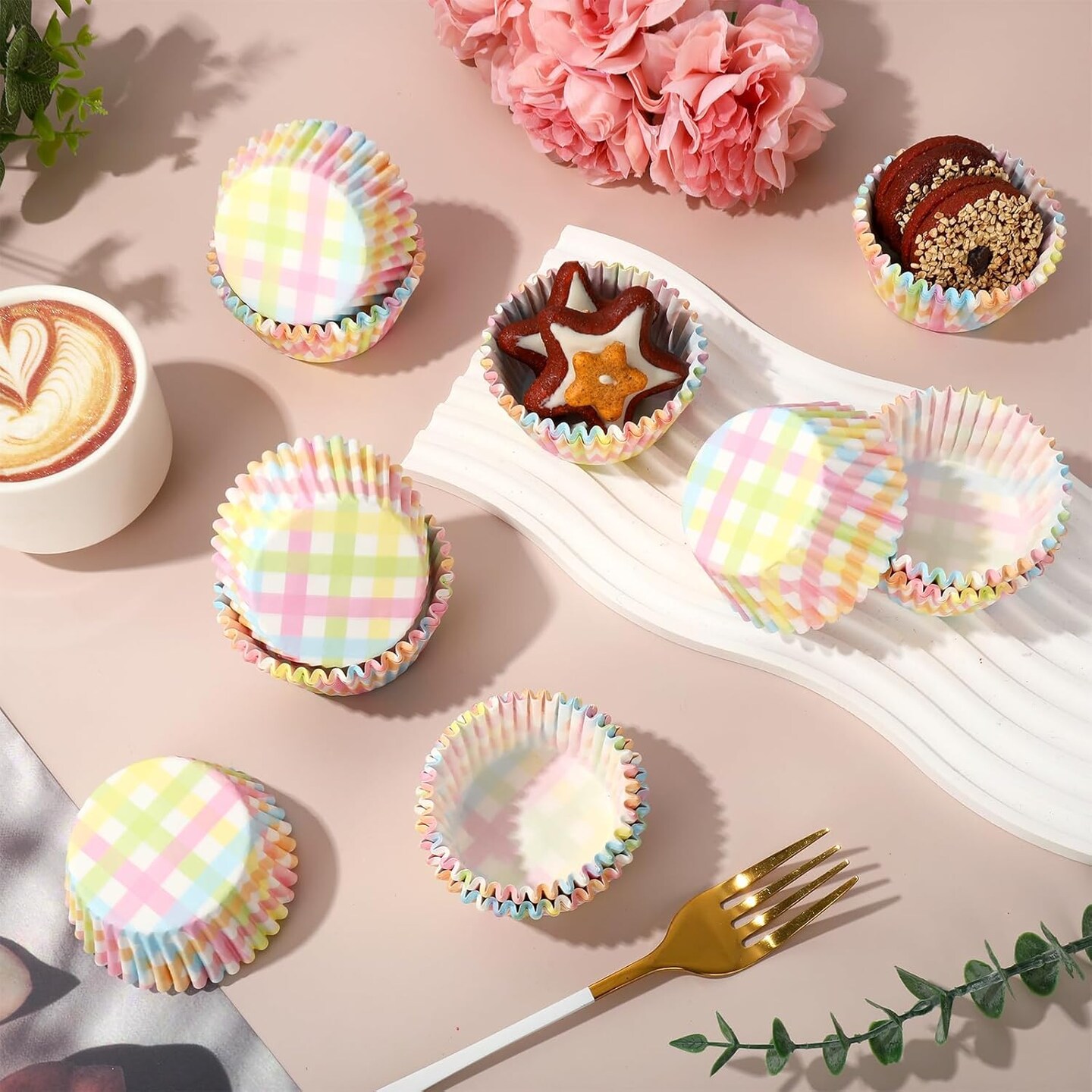 300Pcs Pastel Plaid Paper Baking Cups Colorful Checkered Cupcake Liners Muffin Liner Cake Paper Cups Storage Container for Spring Party DIY Craft, 2x1.2 Inch