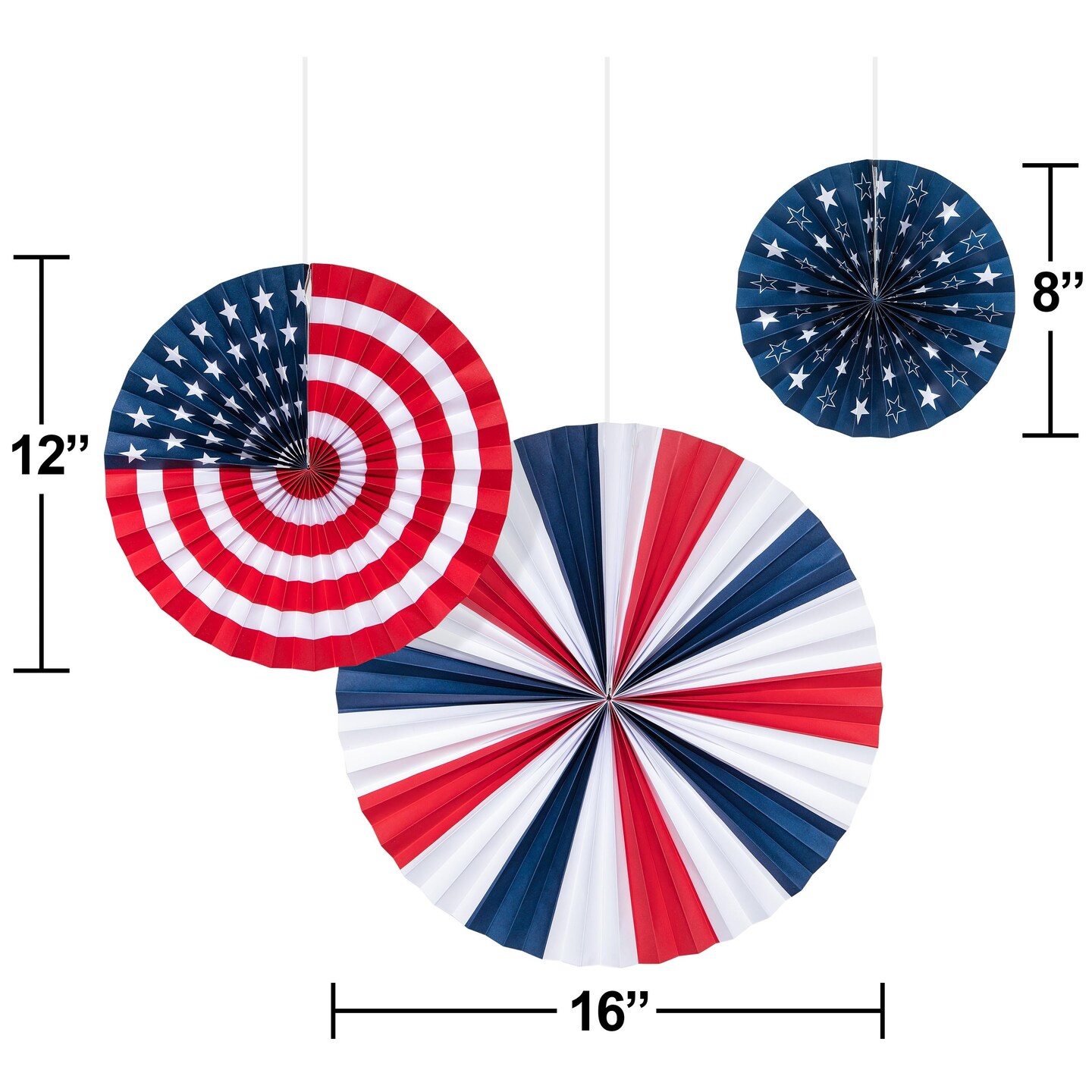 Patriotic Fans PR 16&#x22; 12&#x22; 8&#x22; (3/Pkg)