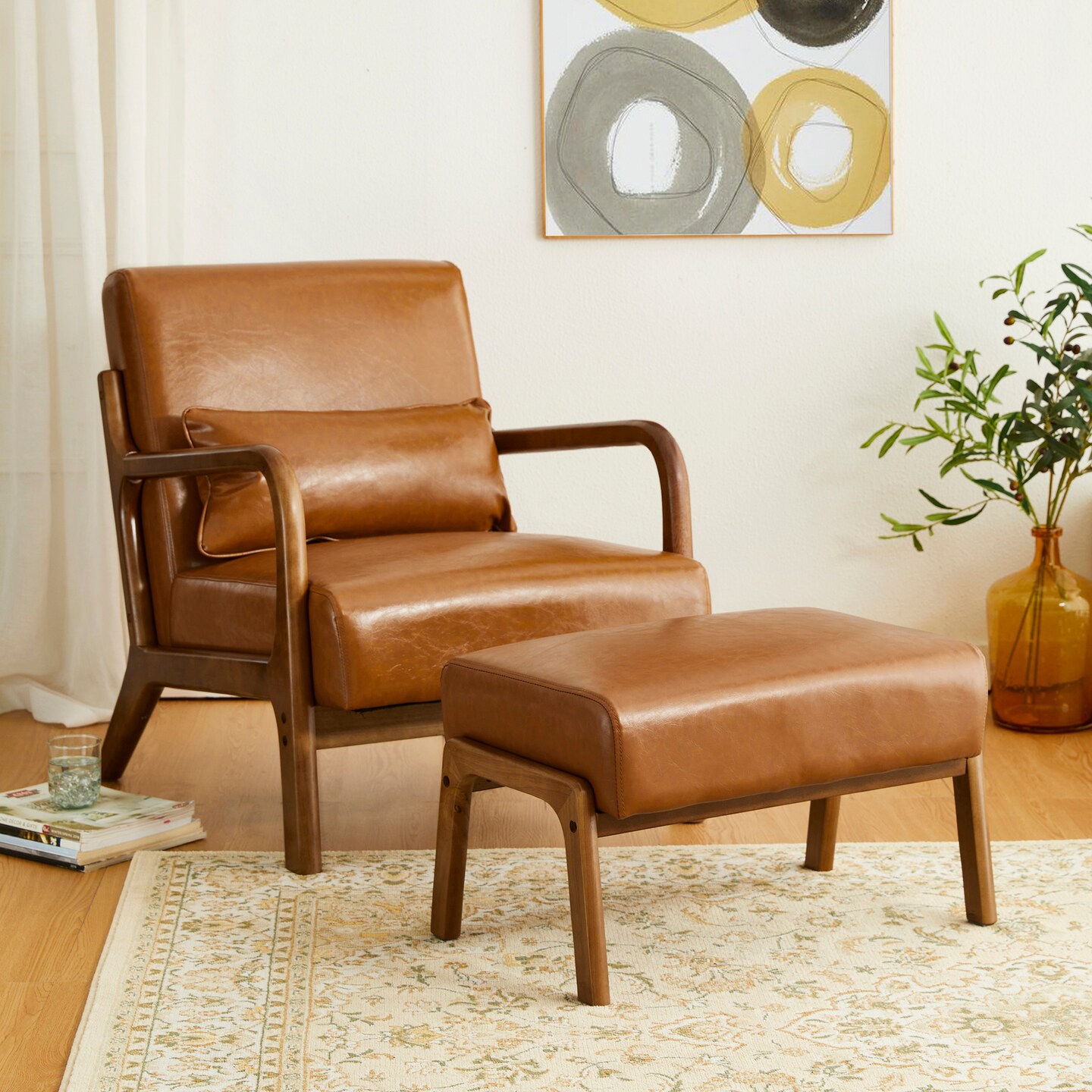 30.75&#x22;H Mid-Century PU Leather Armchair with Ottoman Set