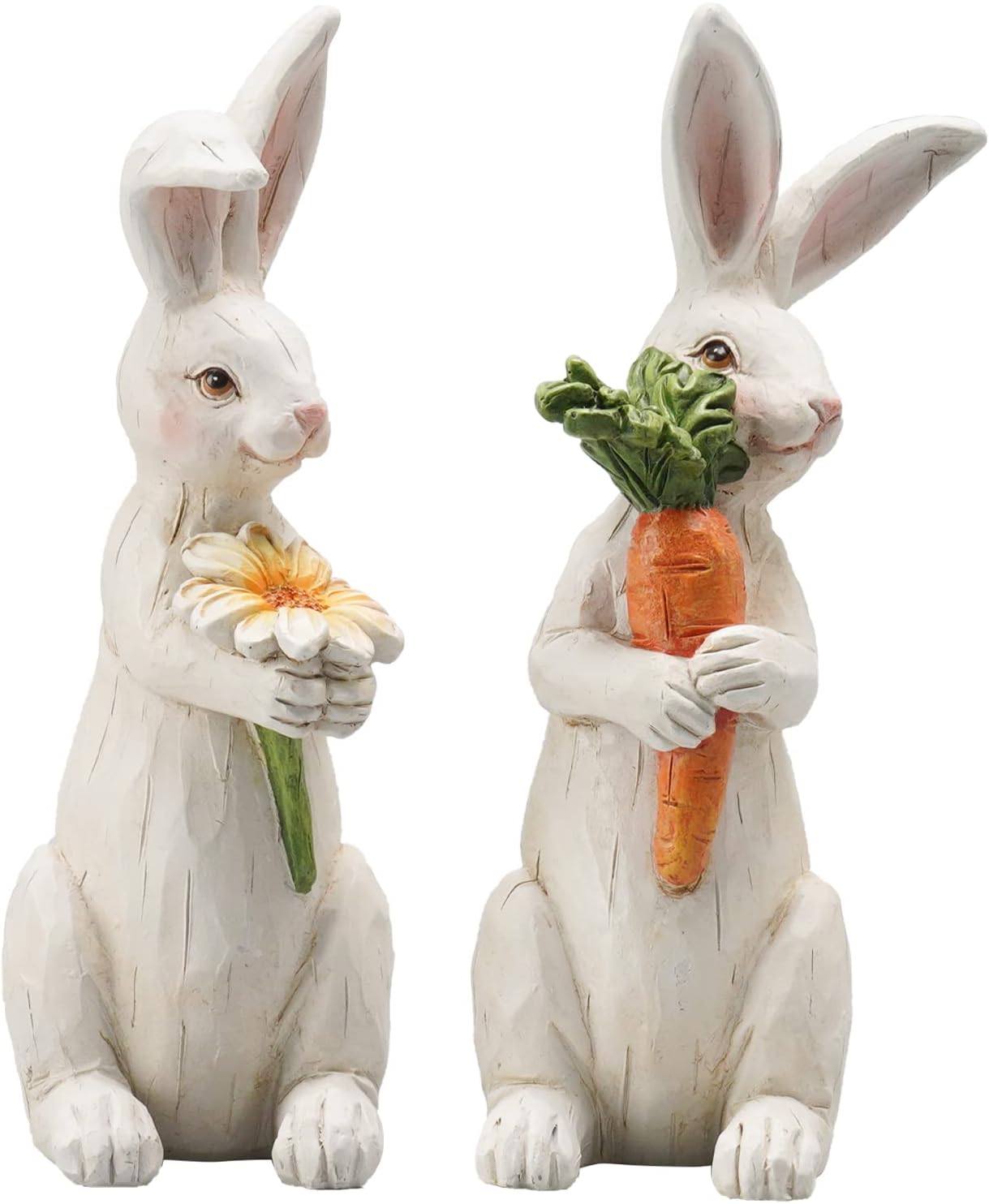 2-Piece Spring Bunny Figurine Set – 4.5" Resin Rabbits with Carrot and Flower, Tabletop Easter and Spring Décor for Home or Farmhouse Centerpieces
