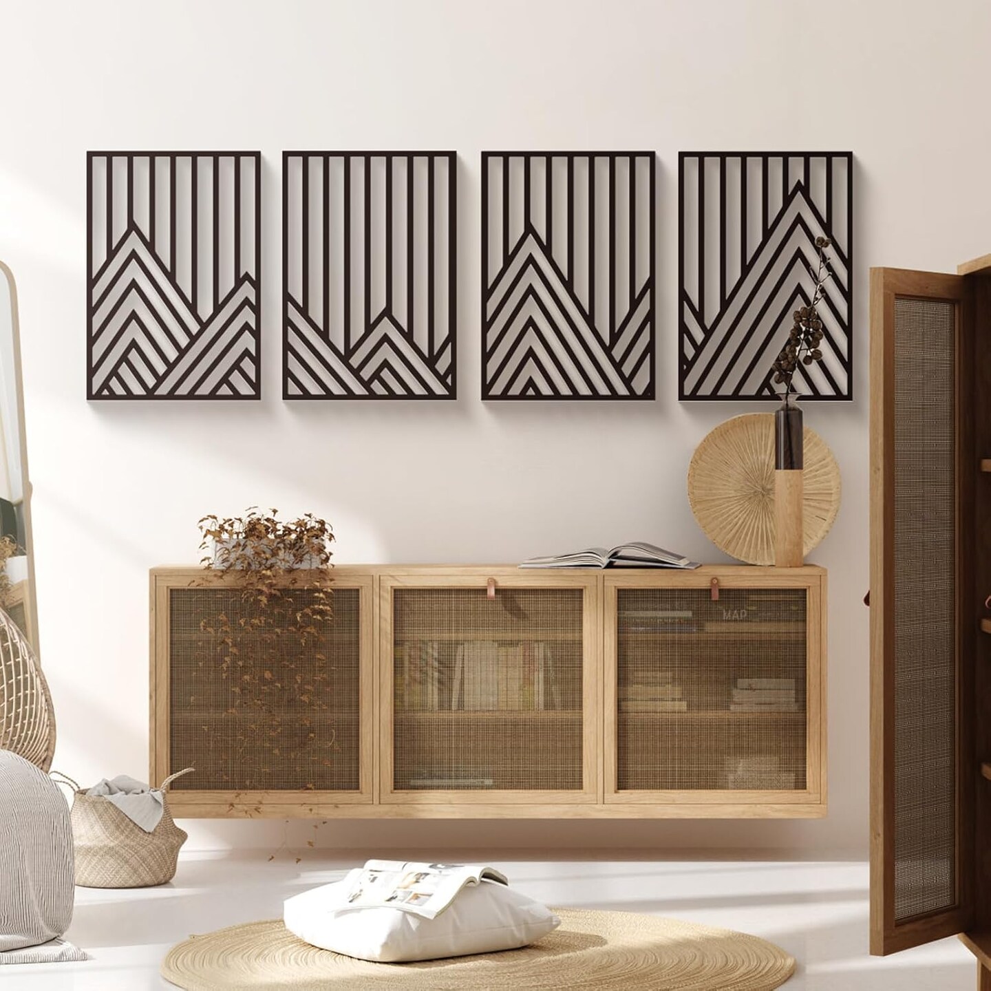 4 Pcs Black Abstract Mountain Line Metal Wall Art, 17 x 12'' Minimalist Décor Single Line Art Wall Décor, 3D Textured Sculptures, Decorative Forest Nature Abstract Line Minimalist Wall Décor Hanging for Living Room Bedroom Bathroom Study(Black, M Siz