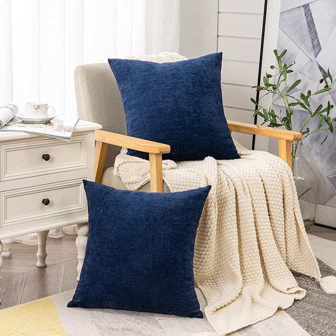 Decorative Square Throw Pillow Covers 18&#x22;x18&#x22; Inch Set of 2, Super Soft Chenille Pillows Cover Fall Pillowcase for Living Room Bedroom Sofa Couch Cushion Cover Navy Blue 45x45cm