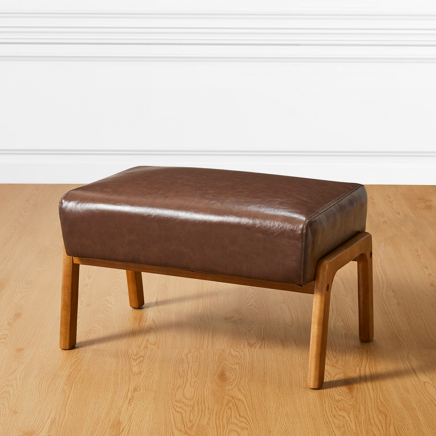 Mid-century Modern Leatherette Accent Stool with Walnut Rubberwood Legs