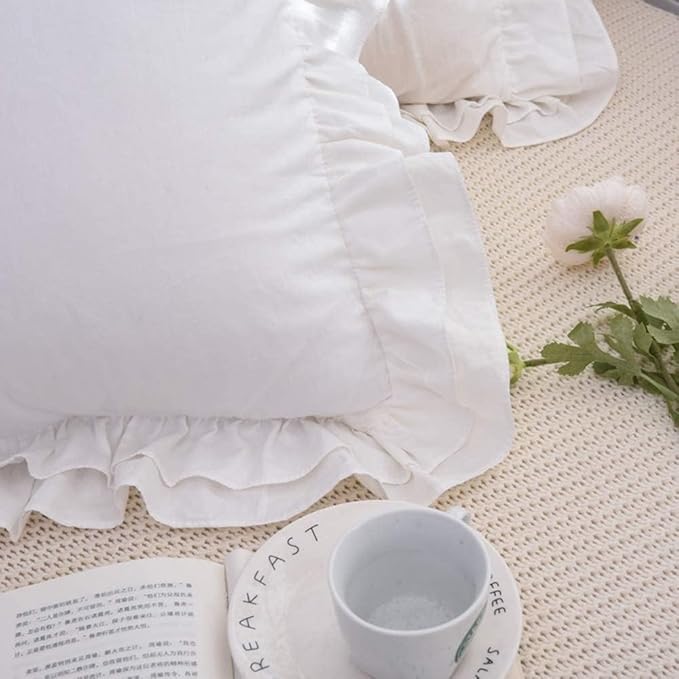 White Cotton Ruffle Euro Pillow Shams 24 * 24inch Shabby Chic Decorative Pillow Covers Feminine Ruffled Christmas Pillow Cases, Set of 2
